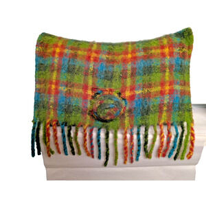 Mackenzie-Childs Wool Mohair Colorful Plaid Pillow Highland Rose Flower 2 in 1